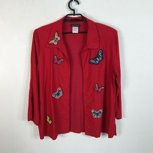 Vintage Blazer Size L Slinky Brand Butterflies Red Rhinestones Beading Womens